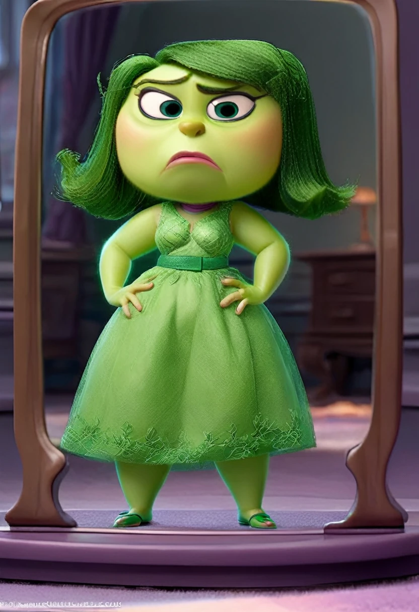 Disgust inside out, Green skin, culona, big legs, small waist, gesture of disgust, good curves, hourglass curve, posing his body in the mirror 