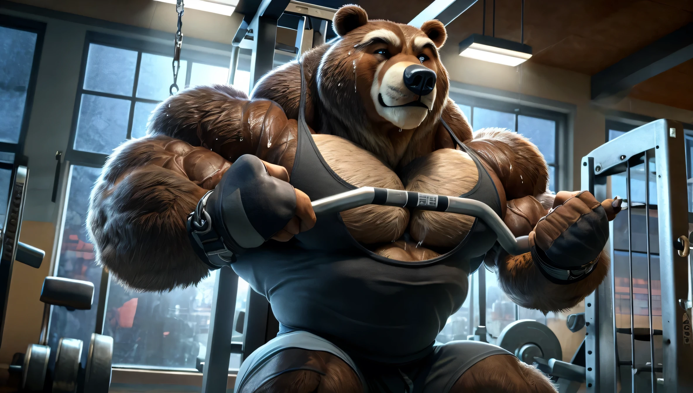 Big brown furry kodiak muscle bear with huge muscles with tank top, black gym shorts, black gym shoes and black wristbands and fingerless gloves, at the gym doing incline cable row flyes sweating off with veins