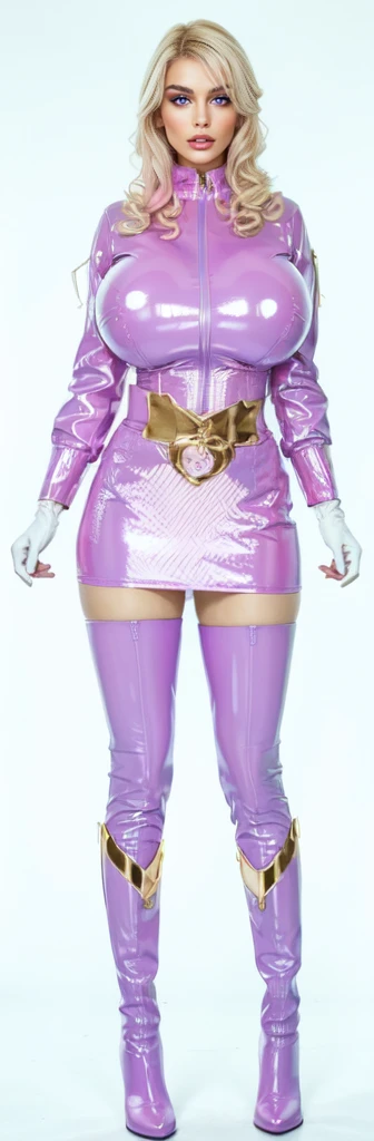 adult woman, blonde curly hair, pink latex outfit, pink boots, whitte gloves, blue eyes, big breast,standing, star eaarings