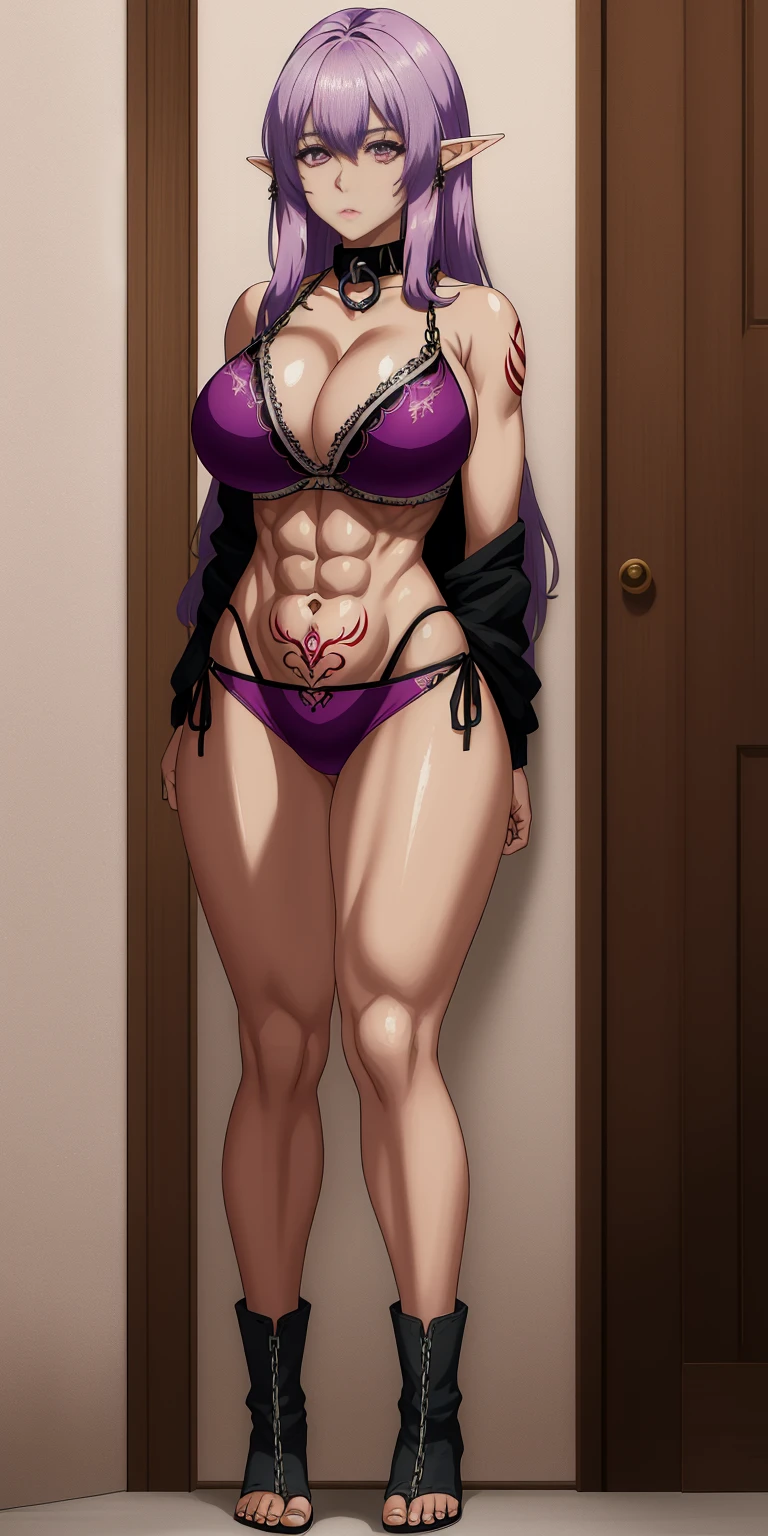 ((1woman)) whole body, standing, gray skin, drow, elf, 1 girl, maduro, purple eyes, by white, black bikini, ABS, Large knockers, tattered rags, chain collar, stomach tattoo (red tattoo)