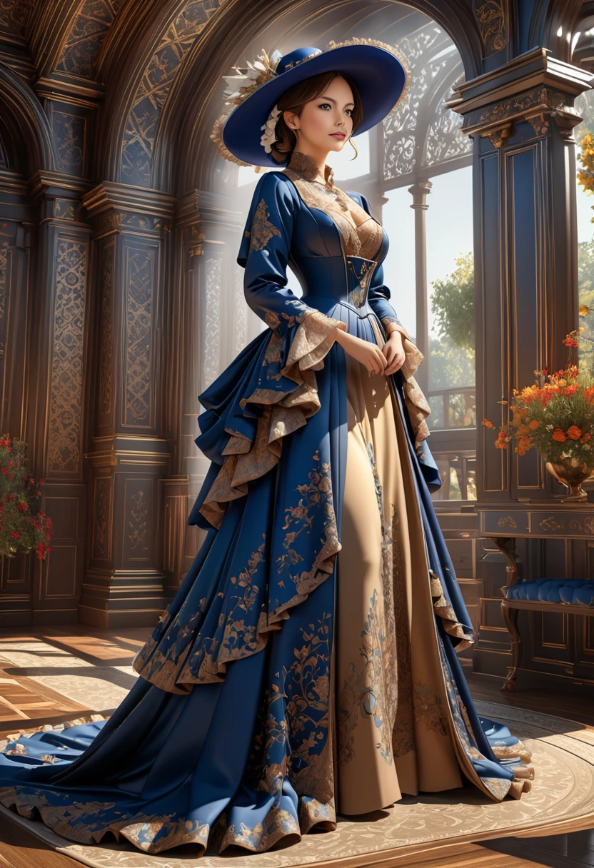 Woman in luxurious long dress、hat、Renaissance design、intricate detailed, Digital Art、Octane Render、3D Rendering、