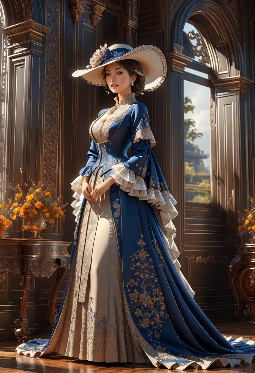 Woman in luxurious long dress、hat、Renaissance design、intricate detailed, Digital Art、Octane Render、3D Rendering、