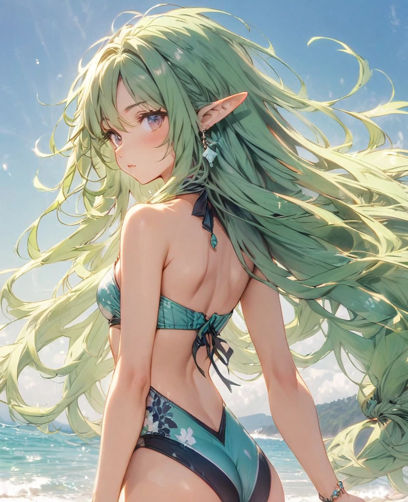 Green Hair Long Hair Elf Swimwear Back view