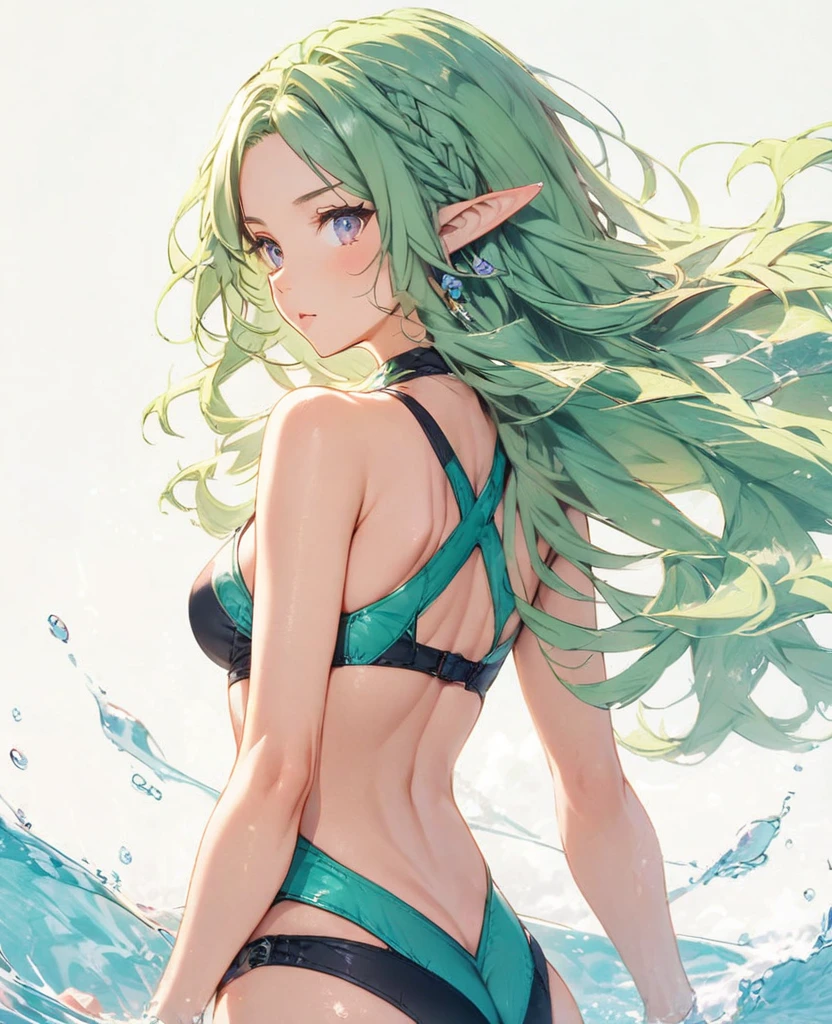 Green Hair Long Hair Elf Swimwear Back view