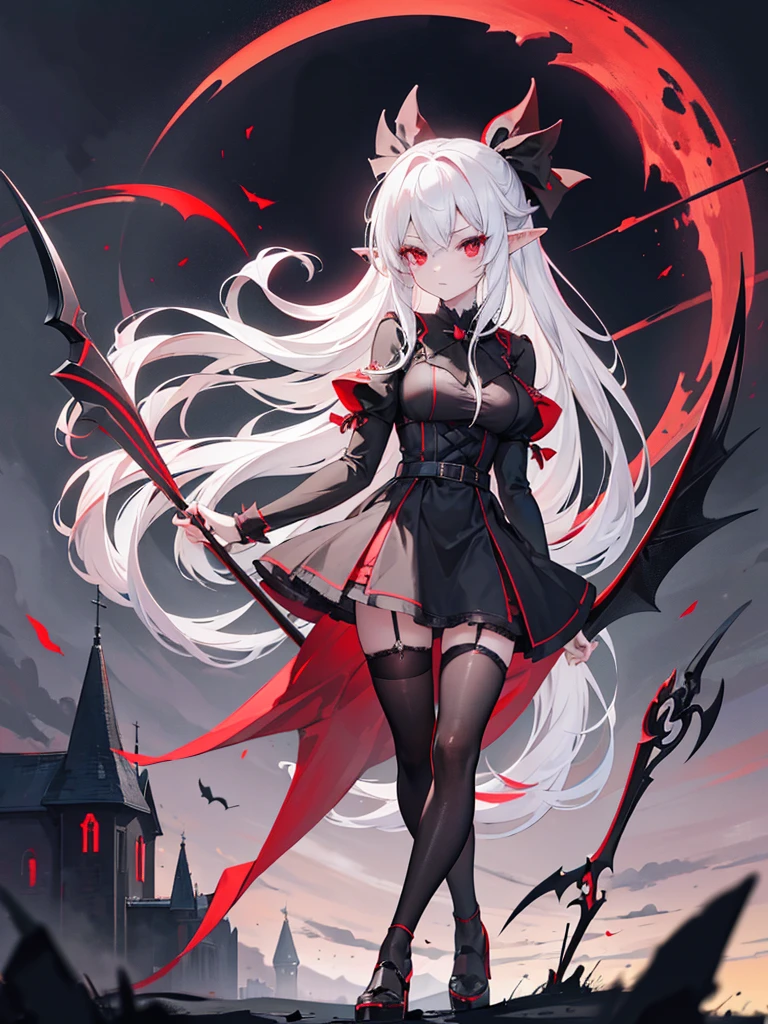 Eirudy, 1girl, solo, high heels, pantyhose, gloves, tree, looking at viewer, flower, dress, moon, black dress, feathers, bangs, dutch angle, bare tree, looking back, bare shoulders, black gloves, night, closed mouth, water, outdoors, full body, failure, failure on head, official alternate costume2, masterpiece, best quality,