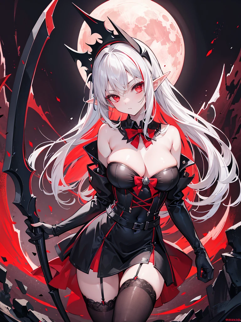 1 Girl Elf, vampire, young, black dress, red right stocking, black left stocking, red eyes, white hair with bow, with a huge scythe, against the backdrop of the red moon, abandoned gothic church, night, looking at viewer, cute pose, 8k, masterpiece, high res, ultrasharp