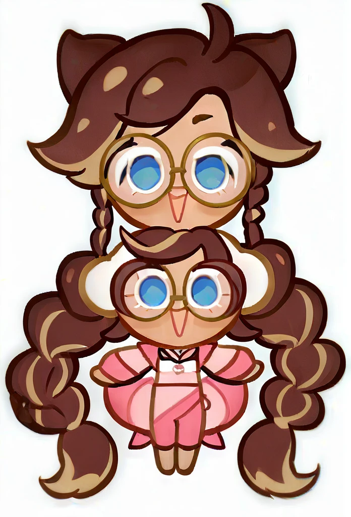 chibi, full body, CookieRun, 1 girl, brown hair, long hair, hair braided in two tails, blue eyes, round glasses, black glasses, pink swimsuit, open mouth, joy, looking at viewer, white background,