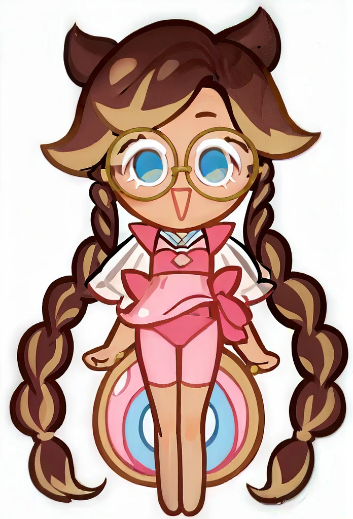 chibi, full body, CookieRun, 1 girl, brown hair, long hair, hair braided in two tails, blue eyes, round glasses, black glasses, pink swimsuit, open mouth, joy, looking at viewer, white background,