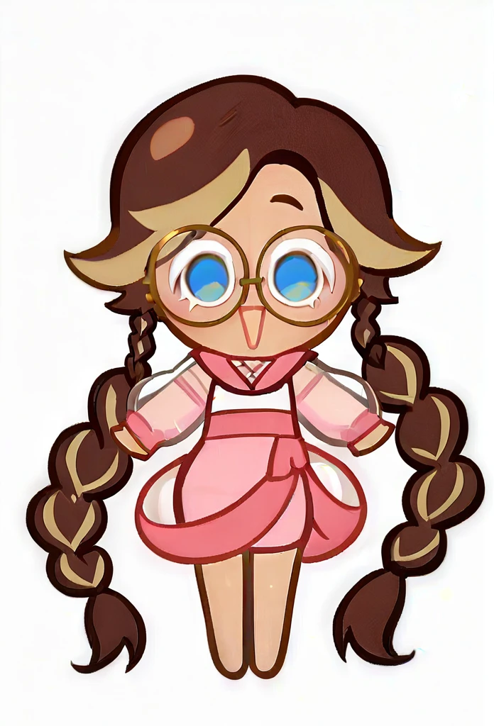 chibi, full body, CookieRun, 1 girl, brown hair, long hair, hair braided in two tails, blue eyes, round glasses, black glasses, pink swimsuit, open mouth, joy, looking at viewer, white background, 