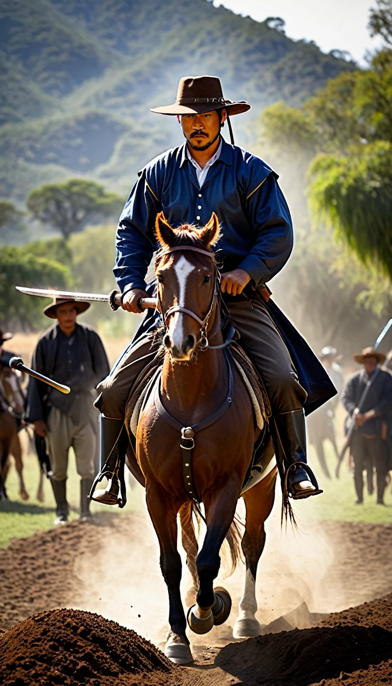 gaucho on horseback, shovel, brown hat, with saber in hand 
