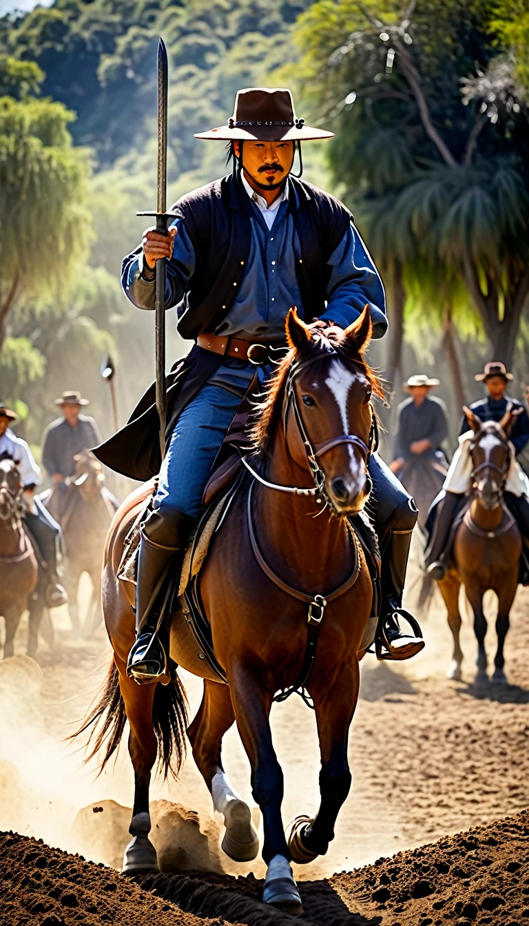 gaucho on horseback, shovel, brown hat, with saber in hand 