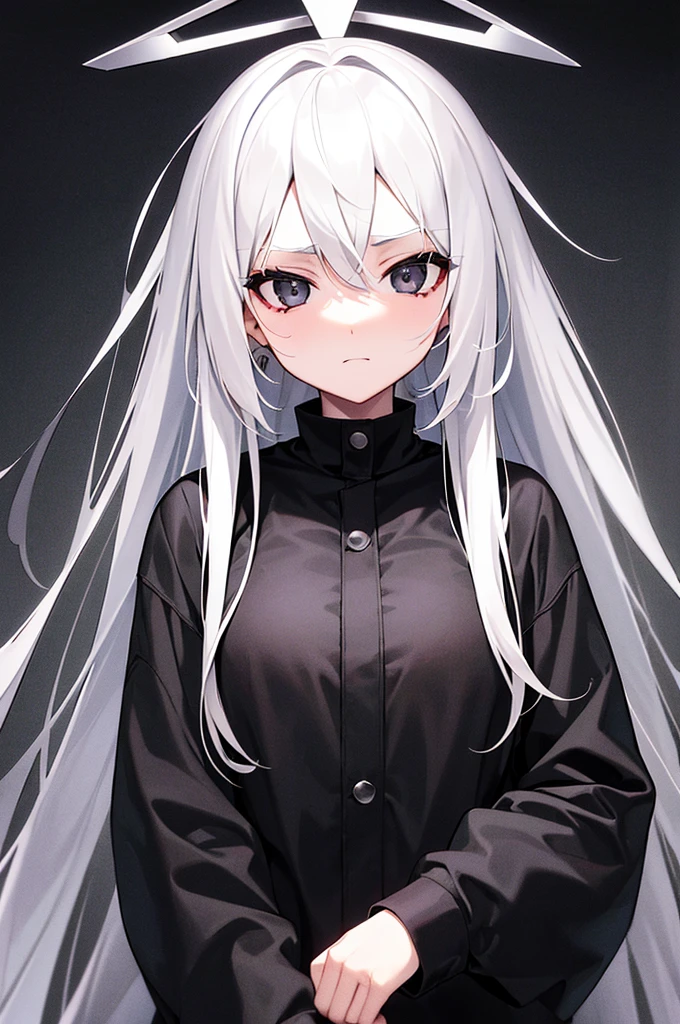 girl,black & white hair, black eyes, black cloth, cross, serious, blood halo