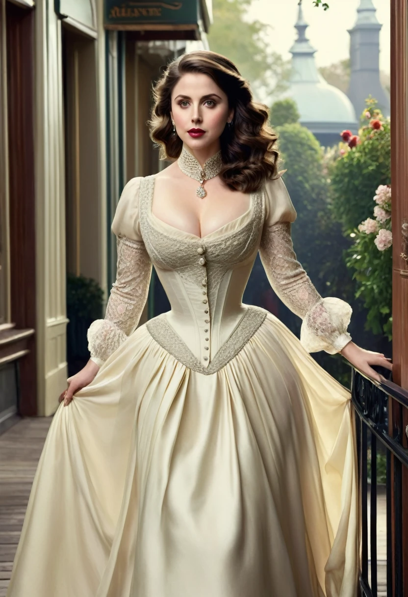 A colored pencil sketch of A beautiful Aristacrat woman with large elegant, hawk-like-nose, who embodies old fashioned class, sophistication, elgance as well as wholesome, natural beauty. curvy, thin-waist, wide-hips, swaying-hips. Laura Vandervoort. Oppulent historically accurate victorian dress. mash up of Molly Quinn, Alison Brie, Scarlett Johanson