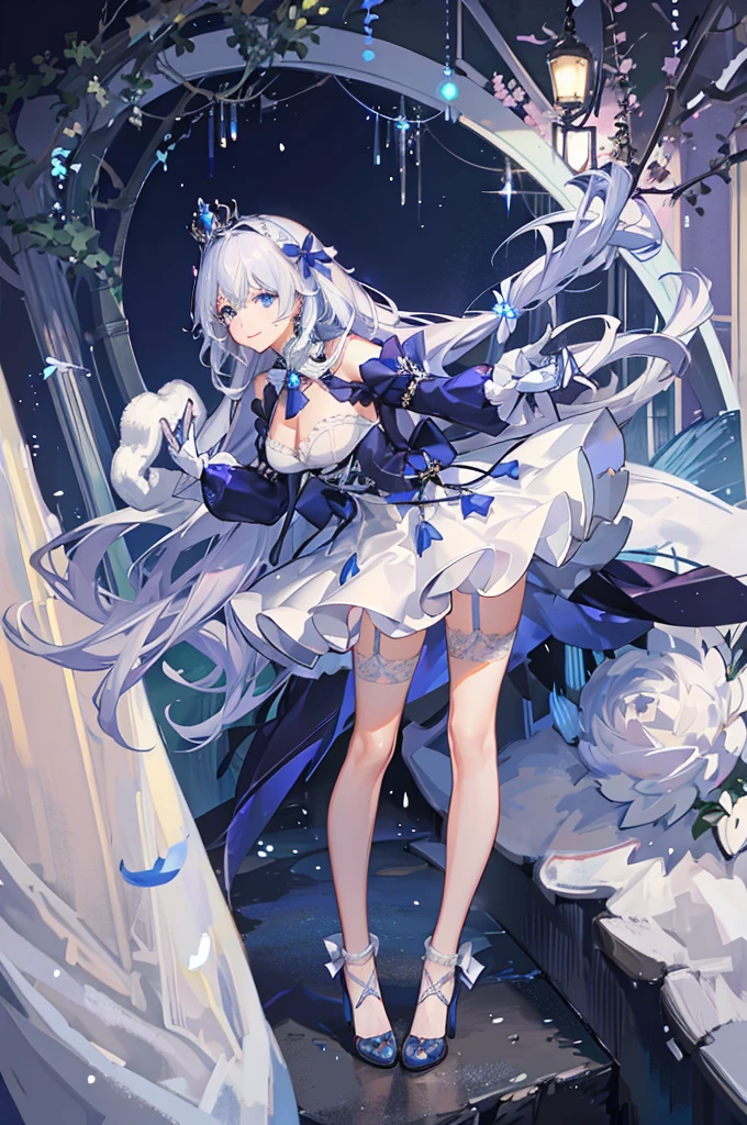 A woman with white hair and blue eyes、adult、Long, fluffy wavy hair、Smiling with her eyes downcast、Hands together、Braiding、Wearing hair ornaments、Princess、White gloves、blue and white lace dress、Blue and white ribbon、The dress is short in the front and long in the back、Garter Ring、Fantasy