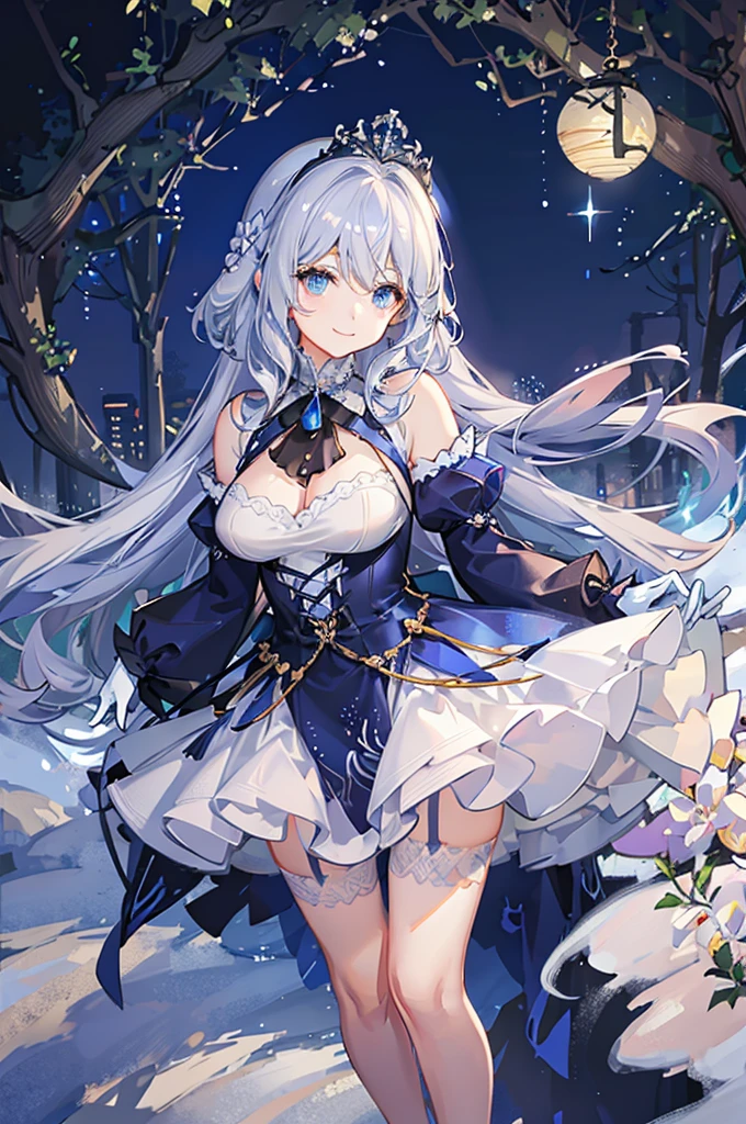 A woman with white hair and blue eyes、adult、Long, fluffy wavy hair、Smiling with her eyes downcast、Hands together、Braiding、Wearing hair ornaments、Princess、White gloves、blue and white lace dress、Blue and white ribbon、The dress is short in the front and long in the back、Garter Ring、Fantasy