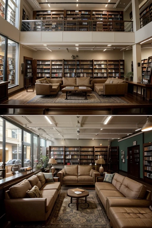 Create a complete bookstore that has comfortable furniture, is very beautiful and cozy and shows all its sides that are modern, a place that is large, has air and places to sit, that the wide variety of books can be seen and that its logo is LITERARY OASIS - BY NYP
