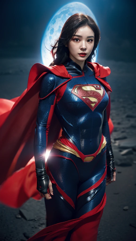 Woman wearing detailed SuperMan costume with full sleeves covering the entire body, short black hair, serious face, (flying in sky), vivid colors, dramatic lighting, red cape, cinematic costume, carbon fiber detailed suit,