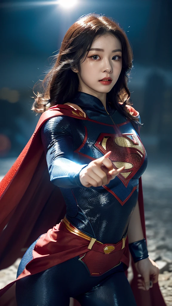 Woman wearing detailed SuperMan costume with full sleeves covering the entire body, short black hair, serious face, (flying in sky), vivid colors, dramatic lighting, red cape, cinematic costume, carbon fiber detailed suit,