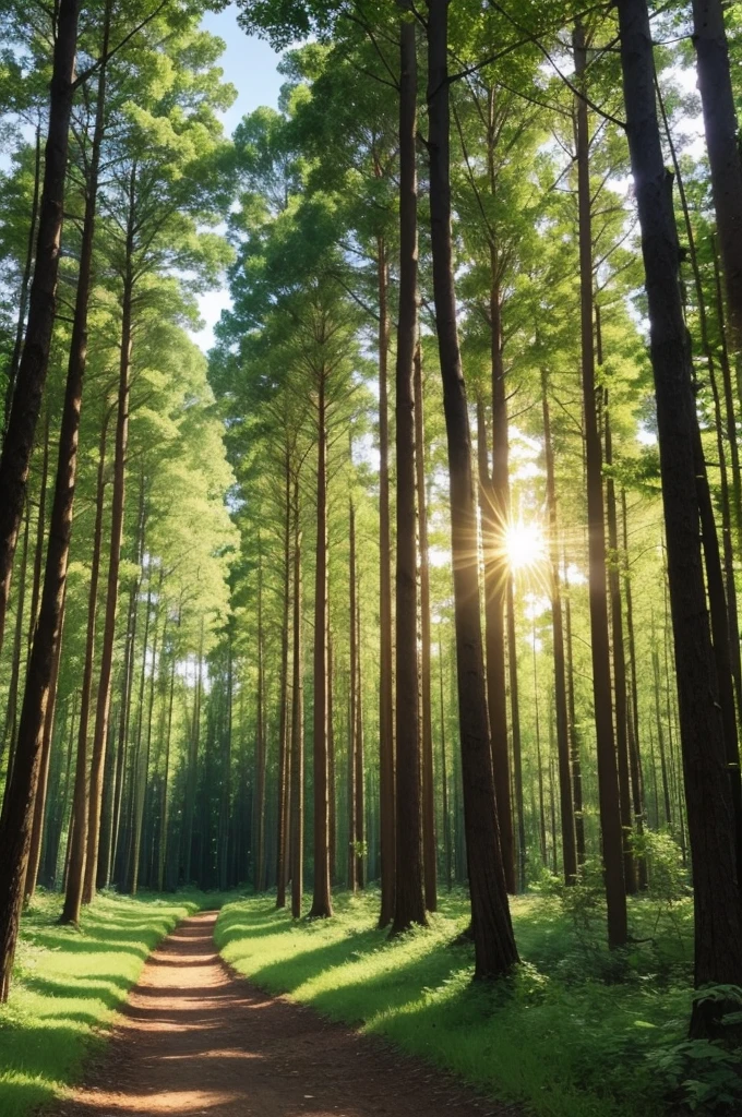 A very green and colorful forest with a beautiful sun