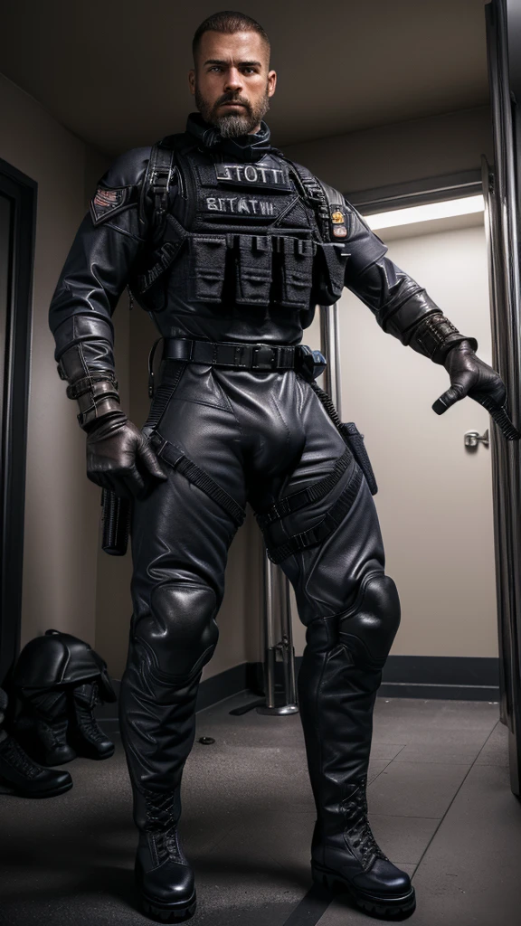 1 furry, a big powerful male navy soldier, (afroamerican genetics, wearing a leather collar, inside a changing room, serious face:1.19) male, soft light, (photorrealistic rendering, detailed manly face, bull wearing black swat gear, detailed clothing textures, focus on tactical boots:1.21), solo, wearing black tactical boots, (photographic masterpiece, detailed tactical uniform:1.61), (huge bulge:1.51), hyperrealistic (photographic lighting, medial ring, hazel eyes, wearing tactical gloves, facial hair, focus on fully clothed:1.43), (full view from floor, detailed boot leather texture:1.32), huge muscles, tight uniform, looking massive