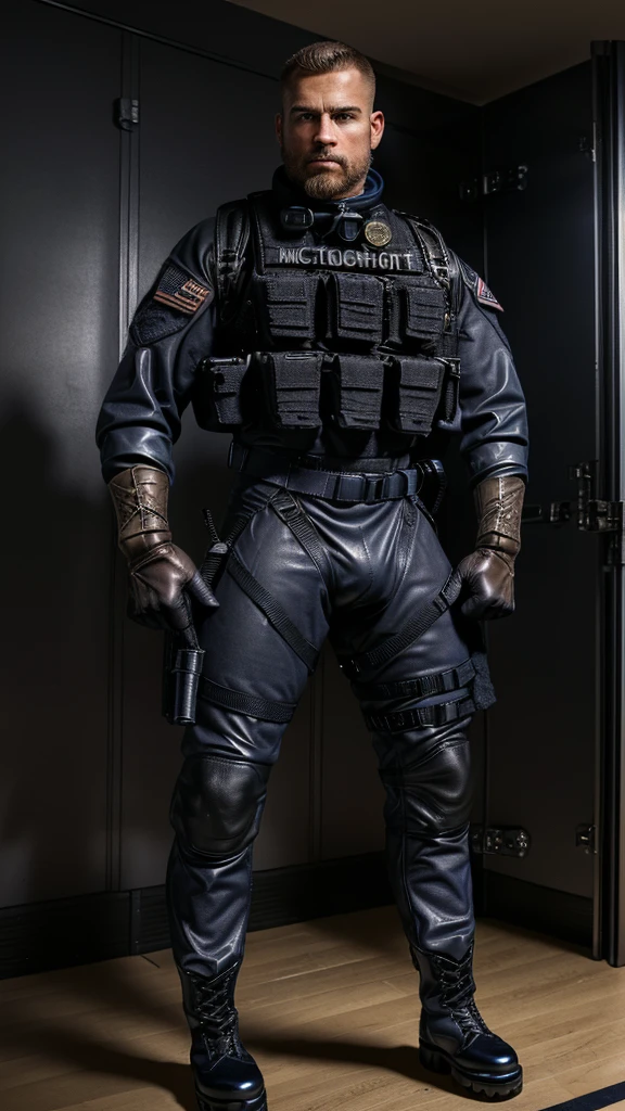 1 furry, a big powerful male navy soldier, (afroamerican genetics, wearing a leather collar, inside a changing room, serious face:1.19) male, soft light, (photorrealistic rendering, detailed manly face, bull wearing black swat gear, detailed clothing textures, focus on tactical boots:1.21), solo, wearing black tactical boots, (photographic masterpiece, detailed tactical uniform:1.61), (huge bulge:1.51), hyperrealistic (photographic lighting, medial ring, hazel eyes, wearing tactical gloves, facial hair, focus on fully clothed:1.43), (full view from floor, detailed boot leather texture:1.32), huge muscles, tight uniform, looking massive