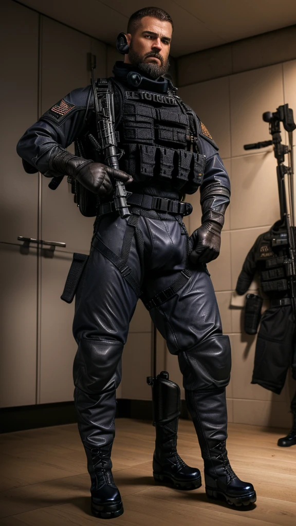 1 furry, a big powerful male navy soldier, (afroamerican genetics, wearing a leather collar, inside a changing room, serious face:1.19) male, soft light, (photorrealistic rendering, detailed manly face, bull wearing black swat gear, detailed clothing textures, focus on tactical boots:1.21), solo, wearing black tactical boots, (photographic masterpiece, detailed tactical uniform:1.61), (huge bulge:1.51), hyperrealistic (photographic lighting, medial ring, hazel eyes, wearing tactical gloves, facial hair, focus on fully clothed:1.43), (full view from floor, detailed boot leather texture:1.32), huge muscles, tight uniform, looking massive