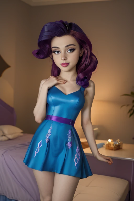 (Masterpiece, The best quality:1.2), only, 1 girl , beautiful age girl europea , sexy model , mlp ,glow, Nice smile , make-up , Red lips , looking at the viewer , Nice smile , beautiful dress , 19 years , beautiful teengirl , teen mod blue eyes, park ,evening , lindo make-up , Red lips , purple hair , purple hair , Full body photo , mlp , Rarity