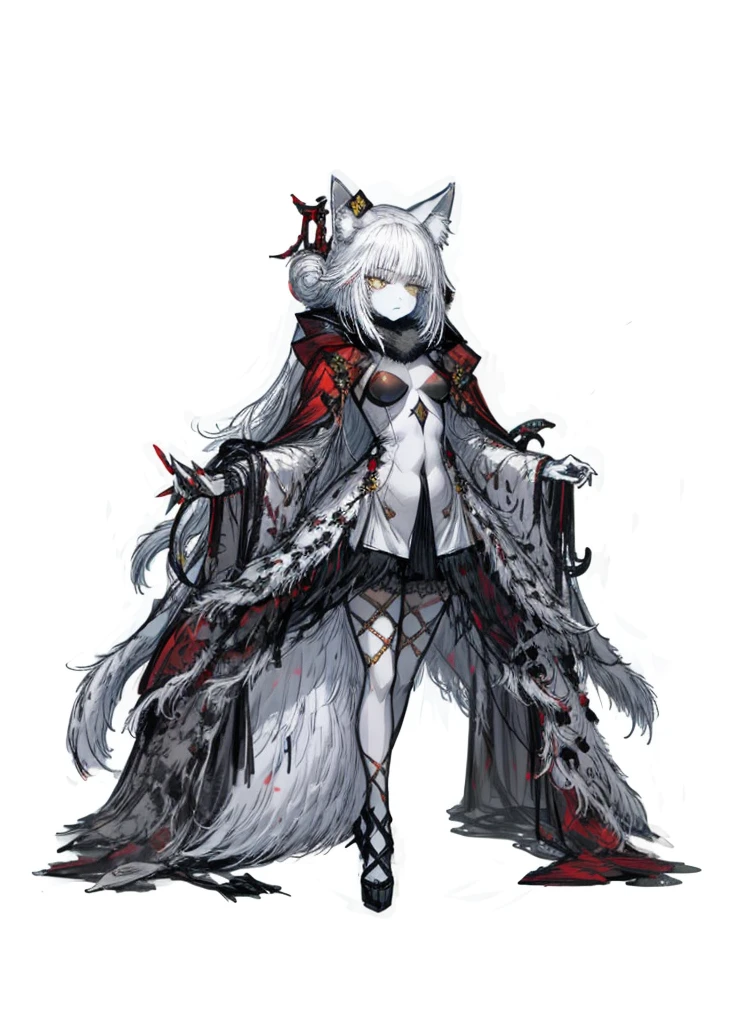 1girl ,white hair, yellow eyes, pale fur beast, fox ears, polar, nice clothes,red claws, (high resolution, high detail, best quality), sad, small breasts