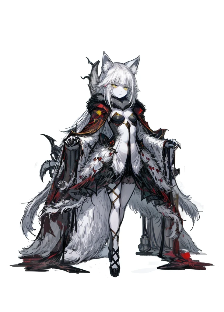 1girl ,white hair, yellow eyes, pale fur beast, fox ears, polar, nice clothes,red claws, (high resolution, high detail, best quality), sad, small breasts