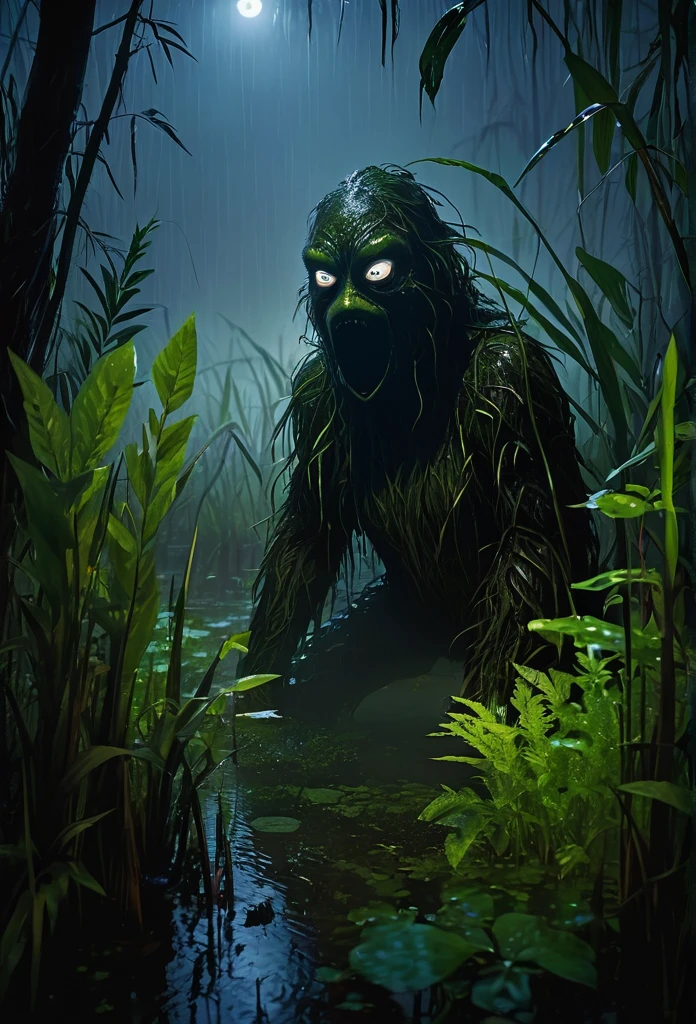 A scared hiding in the middle of the damp vegetation of a swamp at night