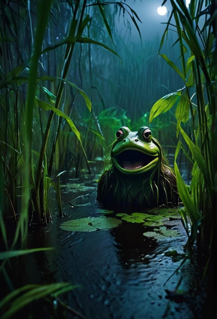 A scared hiding in the middle of the damp vegetation of a swamp at night