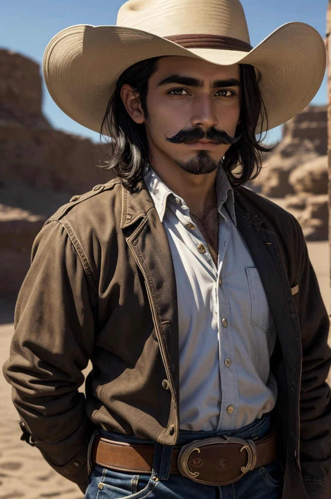 25-year-old male, small mustache, oldwest, cowboy, eyes black, hair long black, British descent.