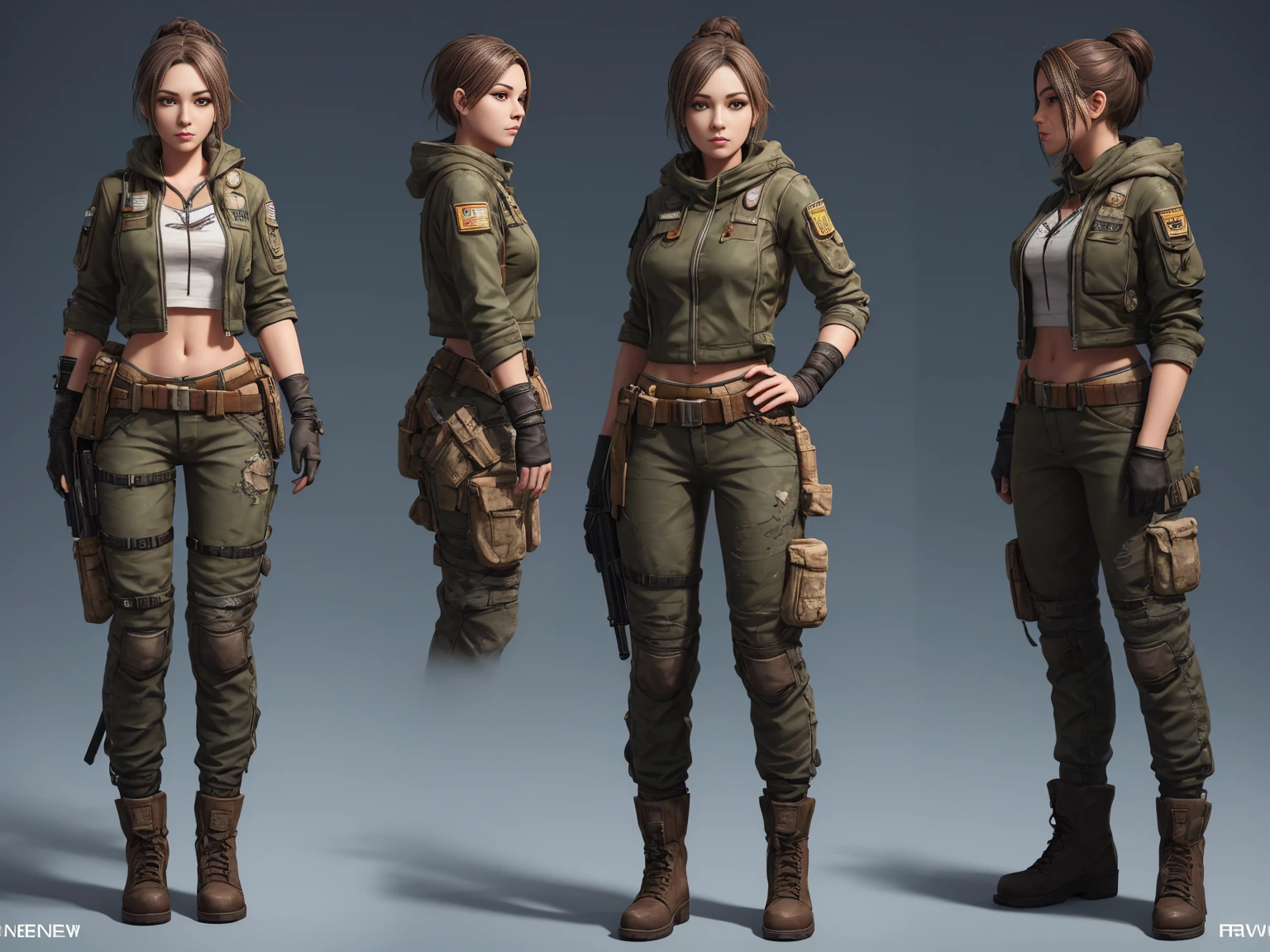 Full body turnaround of young female raider sniper game character with post apocalyptical worn clothing made of scraps and old fabric with beautiful face and big featuring detailed front and back views, Highly detailed, , and smooth digital illustration with sharp focus, 4K UHD image , by unreal engine 5 , by farcry new dawn