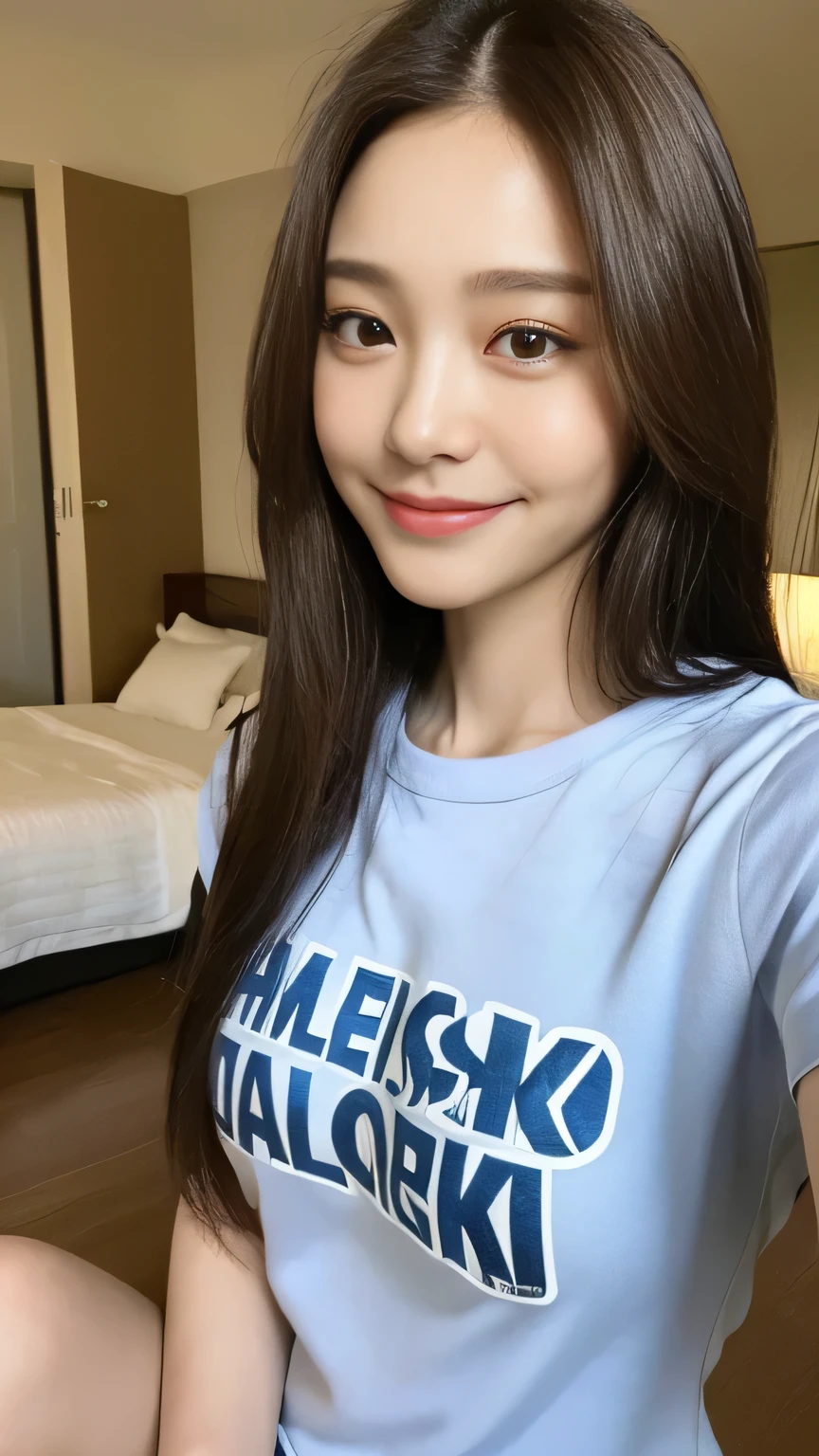 seed:2020674263.((Full body angle:1.1)).((Highest quality, 8K, masterpiece:1.3)), ((from below:1.1)).concentrated:1.2, Perfect body beauty:1.4, Hips:1.2, ((Delicate Hair)), (Colorful T-shirts、Shorts、pajamas :1.1) , ((Highest quality、、masterpiece:1.3))、１girl、A sloppy smile、Esbian all over、Slim face、Big Boobs、Beautiful woman、(Dark Brown Hair)、Long Hair、1、Flickering Valley、Detailed eyes、double eyelid、Blurred Background、超Slim face、Smile、Looking down、Bedroom、
