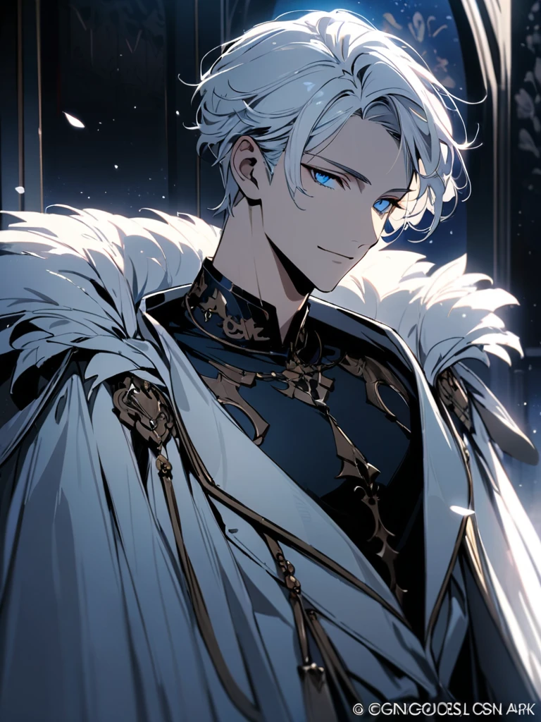 (masterpiece, best quality), Very detailed, best quality, official art, Beautiful and beautiful: 1.2),beautifully,(1 handsome man),copyright,alone,white short hair, (blue eyes), (A gentle yet distant smile),perfect face,white trench coat,Black shirt,Complex clothing designs,High,8K,Beautiful contrast of light and shadow,positive face,pretty face,moiré background,noble,dark ornate background,((white flower)),Gorgeous background,snow,Luxury Suite,Night view