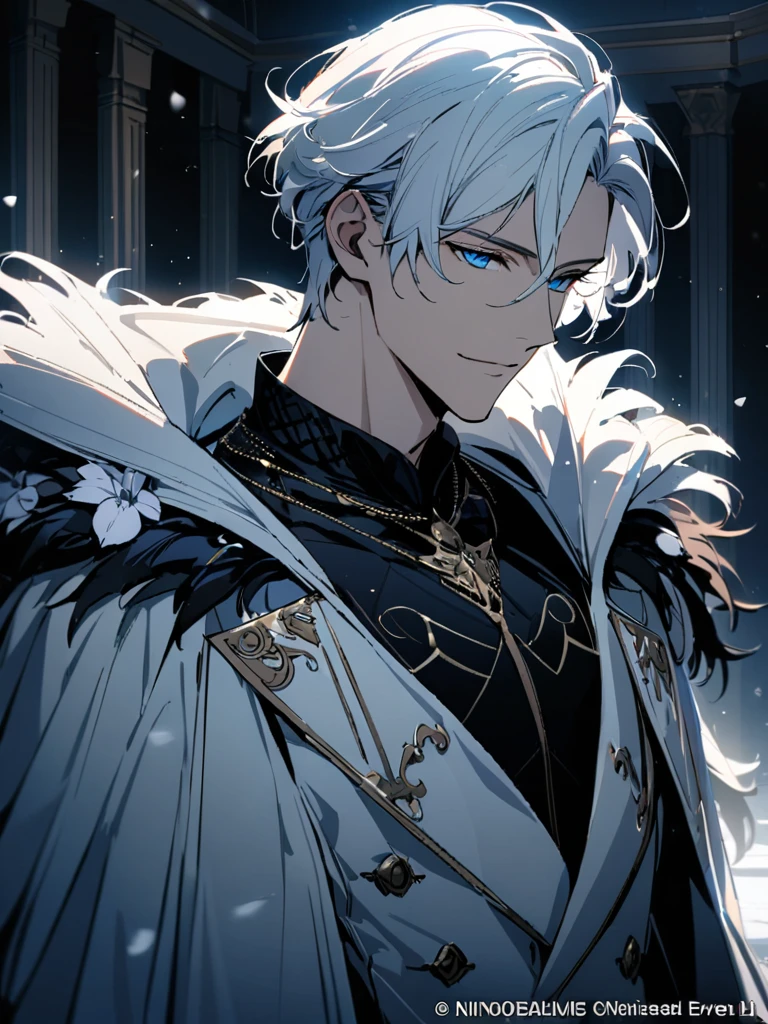 (masterpiece, best quality), Very detailed, best quality, official art, Beautiful and beautiful: 1.2),beautifully，(1 handsome man)，copyright，alone，white short hair， (blue eyes), (A gentle yet distant smile)，perfect face，white trench coat，Black shirt，Complex clothing designs，High，8K，Beautiful contrast of light and shadow，positive face，pretty face，moiré background，noble，dark ornate background，((white flower))，Gorgeous background，snow，Luxury Suite，Night view