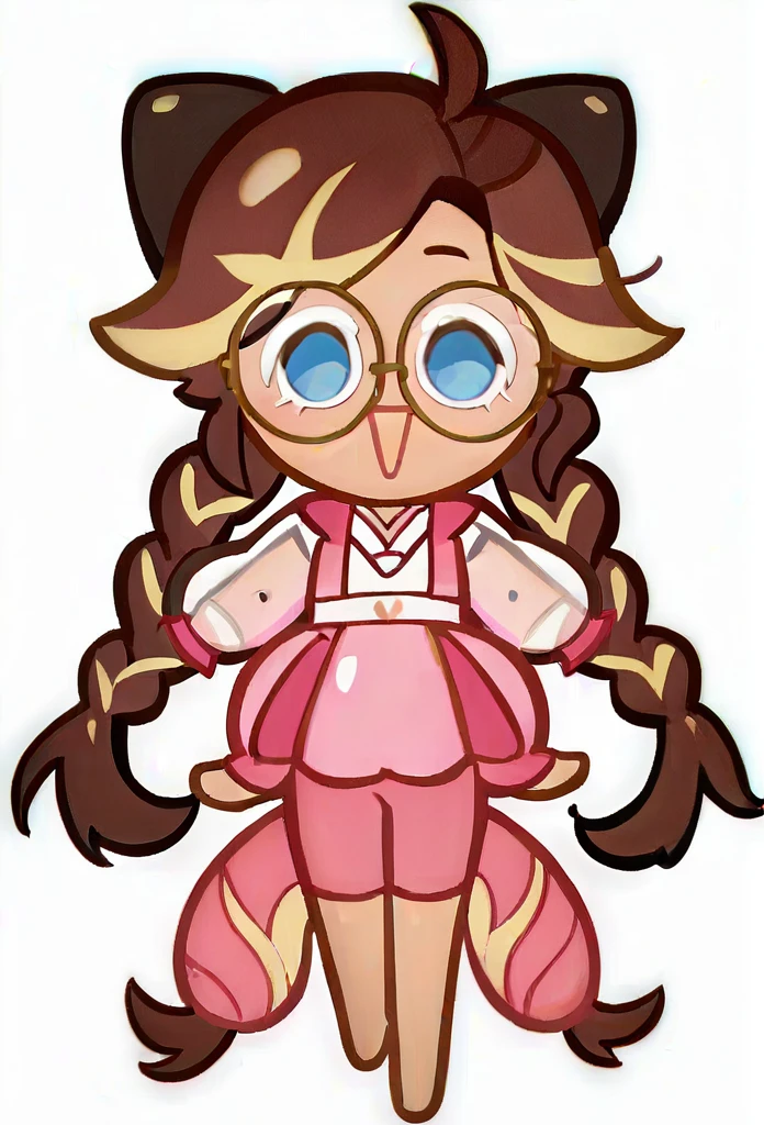 chibi, full body, CookieRun, 1 girl, brown hair, long hair, hair braided in two tails, blue eyes, round glasses, black glasses, pink swimsuit, open mouth, joy, looking at viewer, white background,