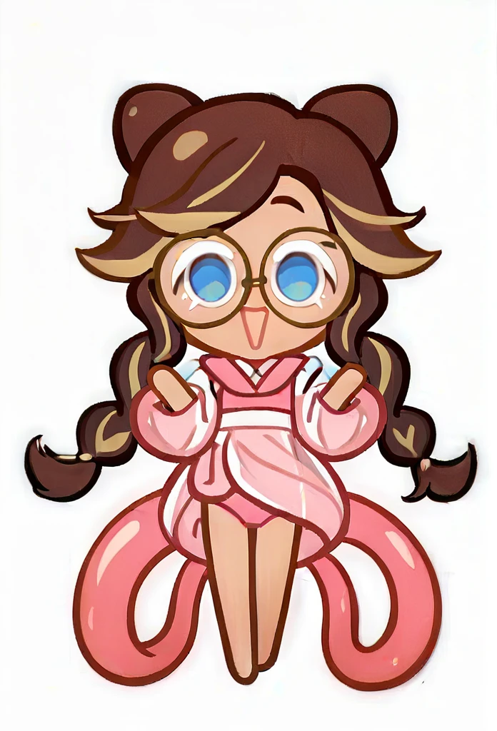 chibi, full body, CookieRun, 1 girl, brown hair, long hair, hair braided in two tails, blue eyes, round glasses, black glasses, pink swimsuit, open mouth, joy, looking at viewer, white background, 