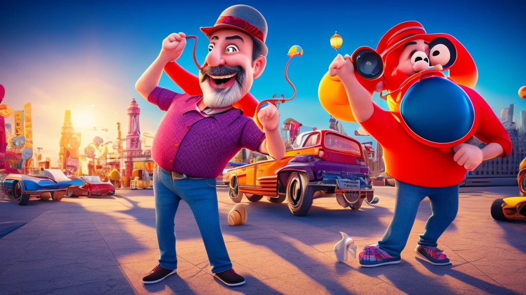 A middle-aged man, 40 years old, photographer, funny, friendly, silly, 3d cartoon, photorealistic, ultra-detailed, 8k, best quality, masterpiece, intricate details, dynamic pose, warm lighting, vibrant colors, cinematic composition, whimsical expression, quirky personality, creative outfit, candid snapshot