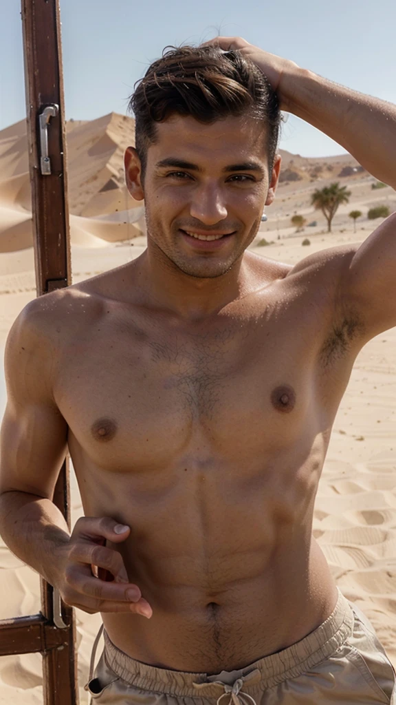 perfect italian man, wearing, posing, smile, view on the sahara, short hairstyles light hairin on the sahara on character's face