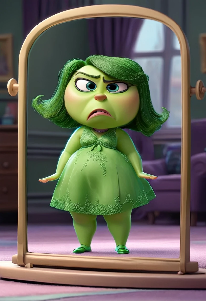 Disgust inside out, Green skin, culona, big legs, small waist, gesture of disgust, good curves, hourglass curve, posing his body in the mirror 