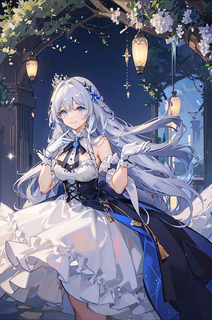 A woman with white hair and blue eyes、adult、Long, fluffy wavy hair、Smiling、Hand to hand、Braiding、Wearing hair ornaments、Princess、White gloves、blue and white lace dress、Blue and white ribbon、The dress is short in the front and long in the back、Garter Ring、Fantasy