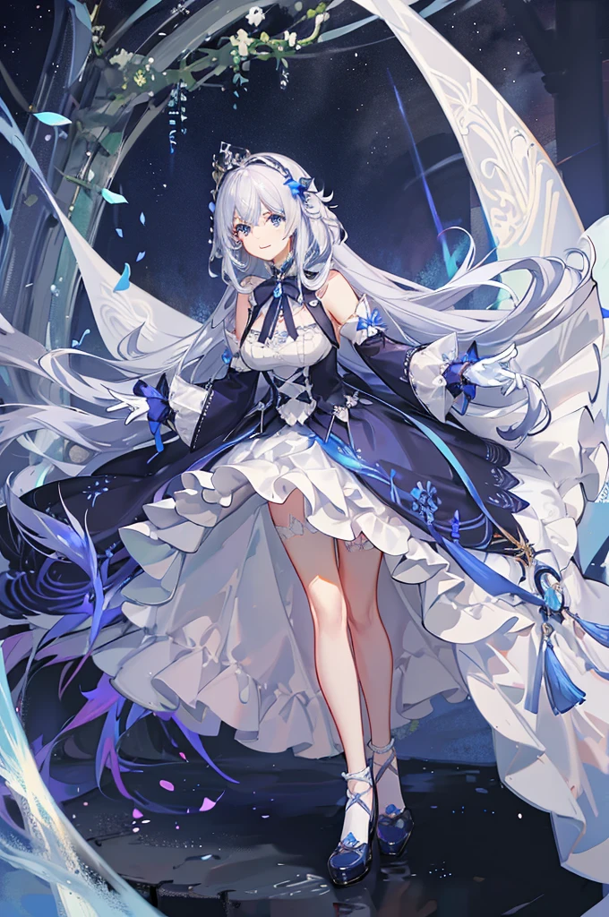 A woman with white hair and blue eyes、adult、Long, fluffy wavy hair、Smiling、Hand to hand、Braiding、Wearing hair ornaments、Princess、White gloves、blue and white lace dress、Blue and white ribbon、The dress is short in the front and long in the back、Garter Ring、Fantasy
