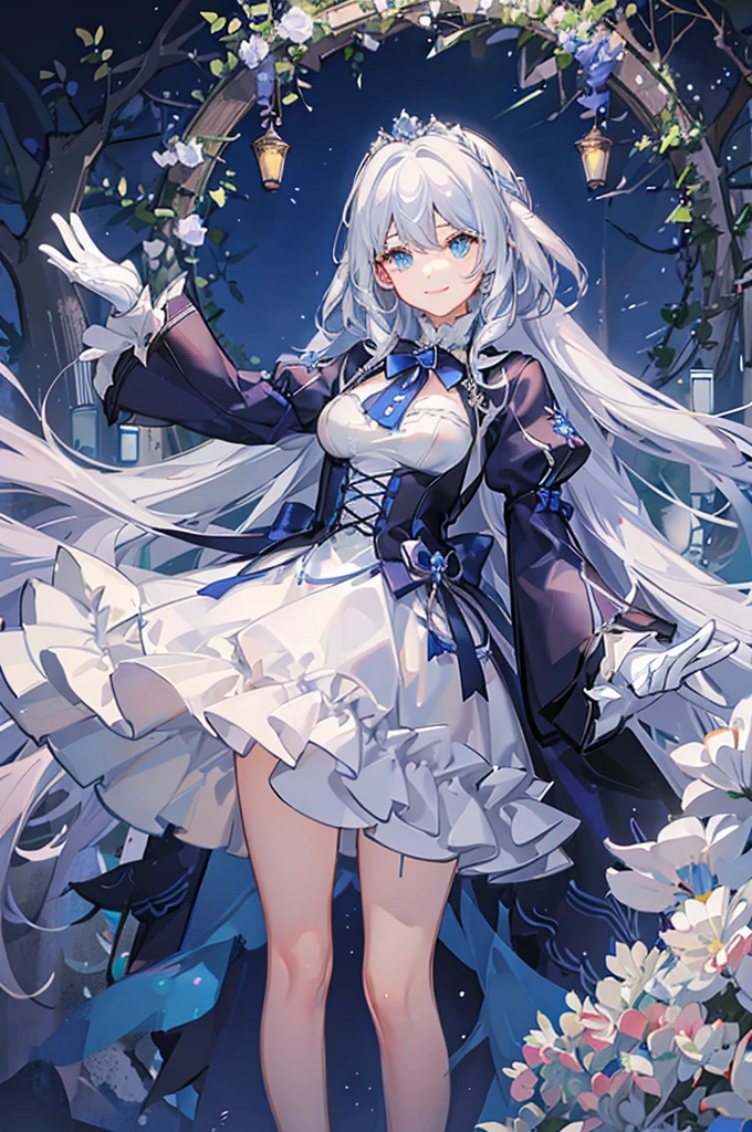 A woman with white hair and blue eyes、adult、Long, fluffy wavy hair、Smiling、Hand to hand、Braiding、Wearing hair ornaments、Princess、White gloves、blue and white lace dress、Blue and white ribbon、The dress is short in the front and long in the back、Garter Ring、Fantasy