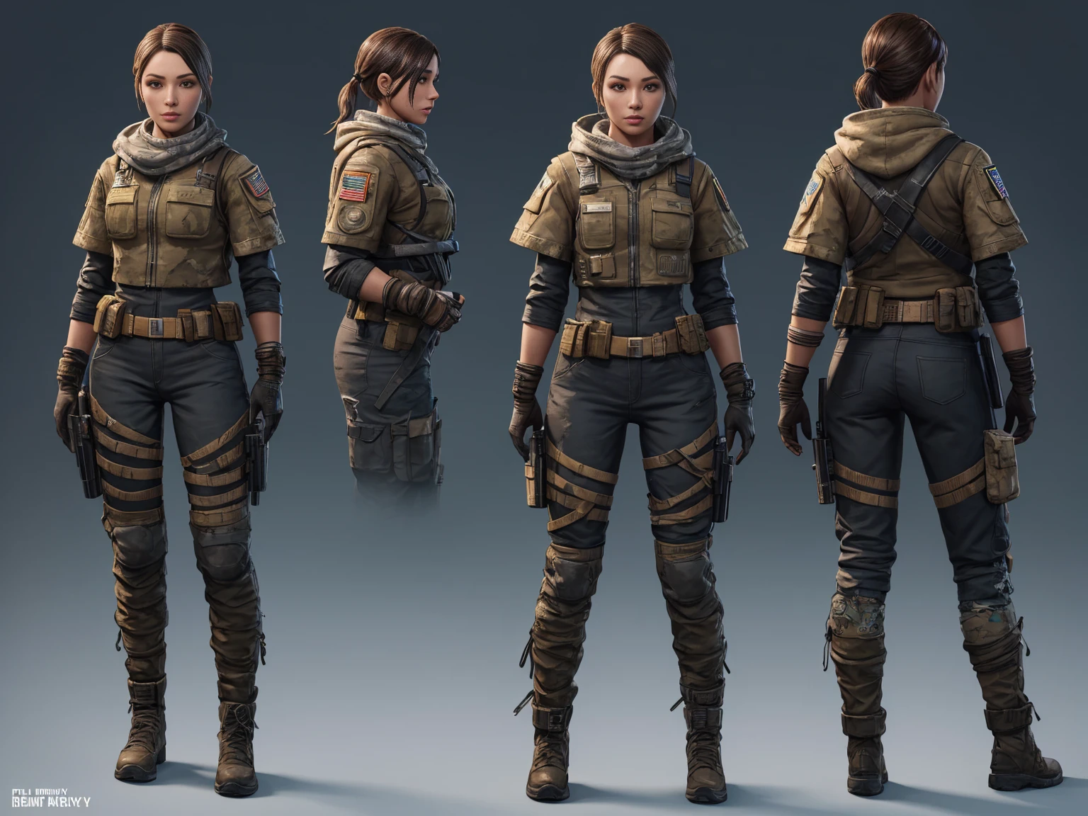 Full body turnaround of young female raider sniper game character with face cover and post apocalyptical worn clothing made of scraps and old fabric with beautiful face and big featuring detailed front and back views, Highly detailed, , and smooth digital illustration with sharp focus, 4K UHD image , by unreal engine 5 , by farcry new dawn