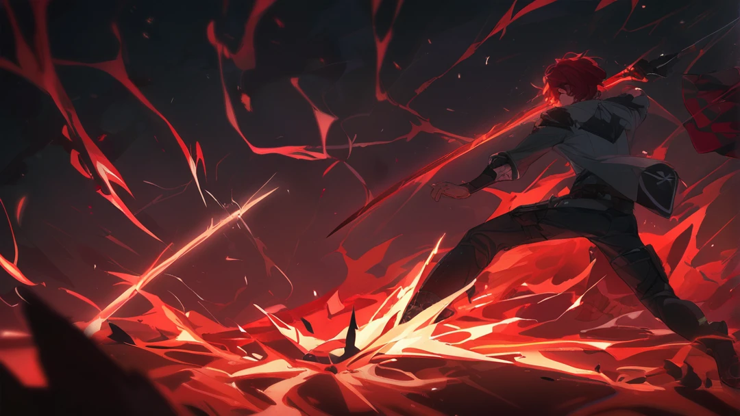 A young man, red hair, with a flaming sword.