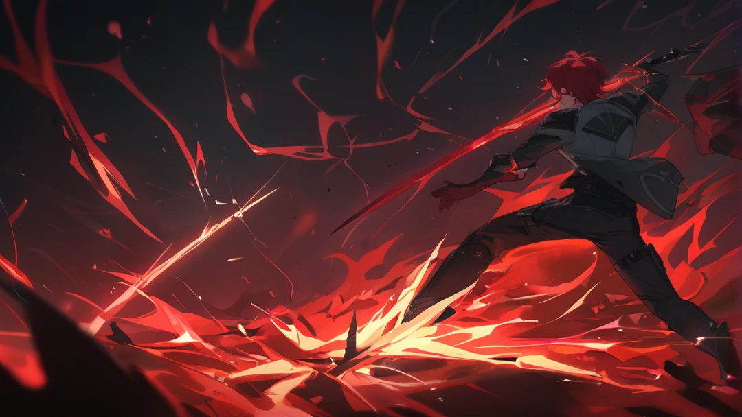 A young man, red hair, with a flaming sword.