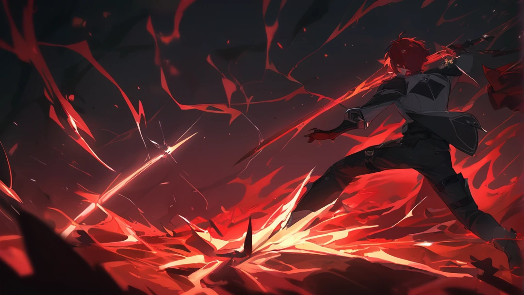 A young man, red hair, with a flaming sword.