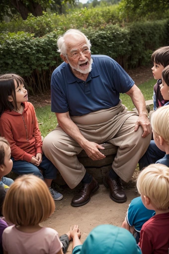 An old man telling stories to a bunch of children