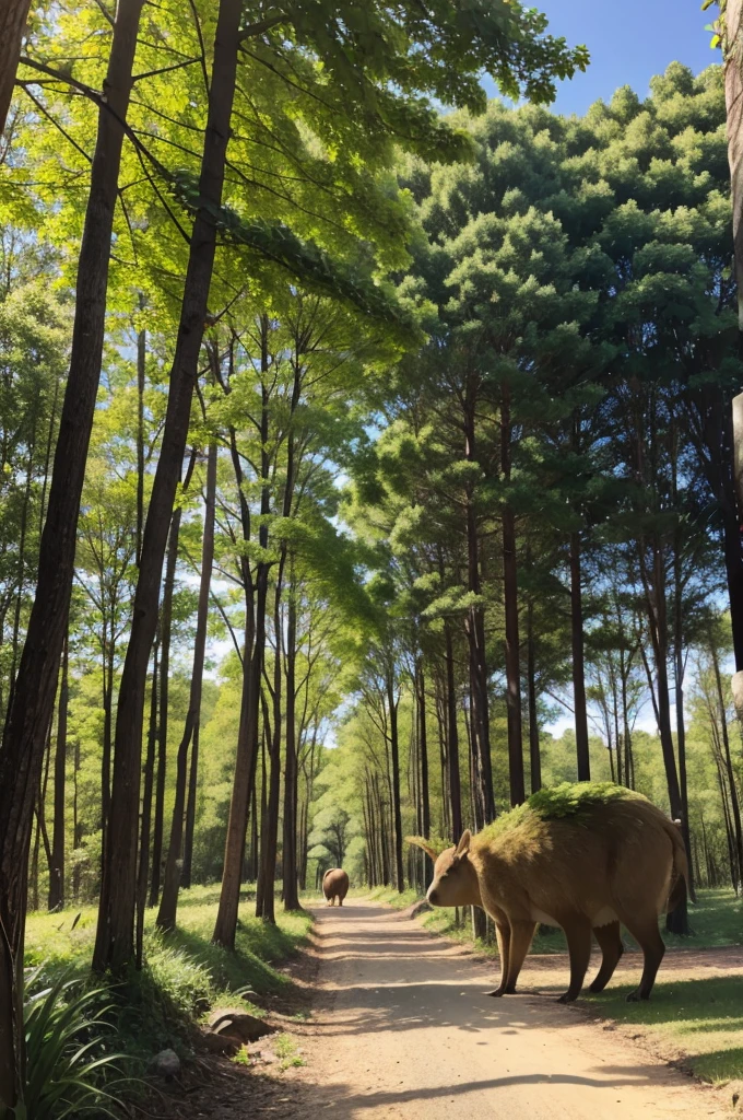 A FOREST WITH GREEN TREE AND ALSO WITH A CAPYBARA WALKING IN THE MIDDLE